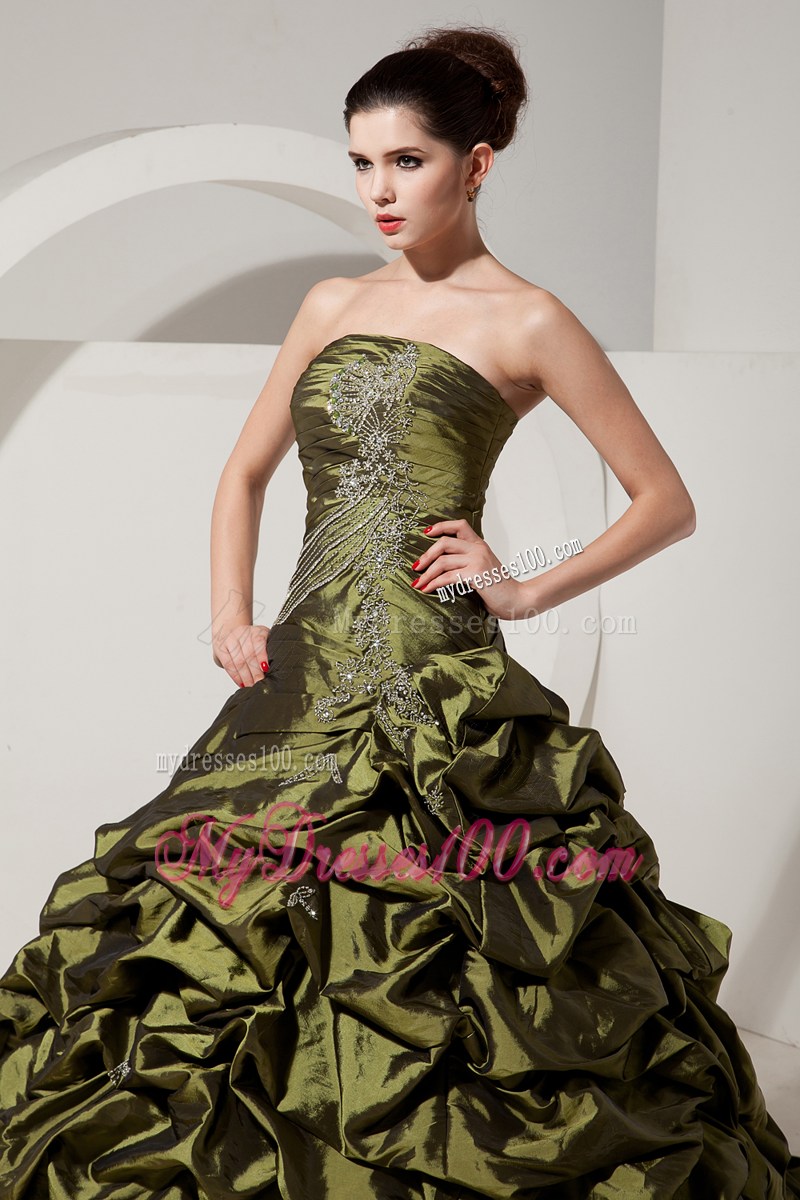 Olive Green A-line Sweetheart Quince Dress with Beading and Pick-ups