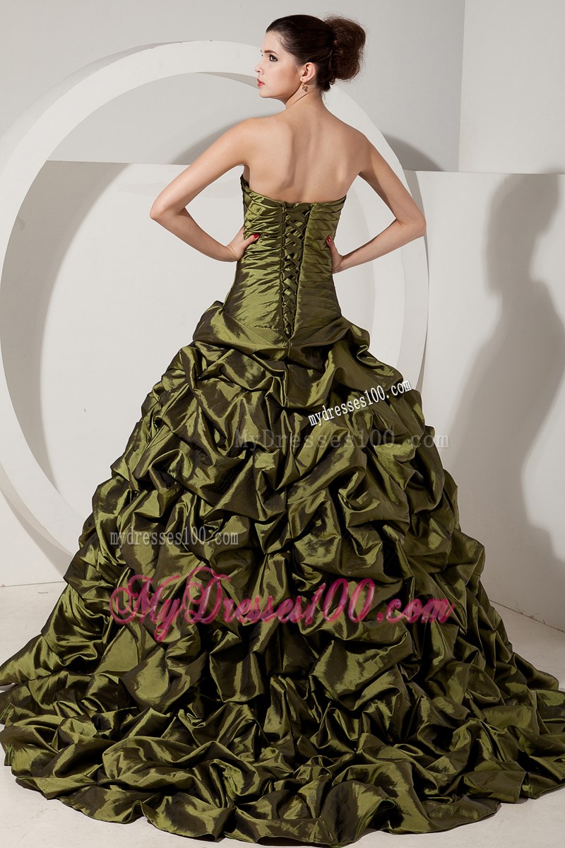 Olive Green A-line Sweetheart Quince Dress with Beading and Pick-ups