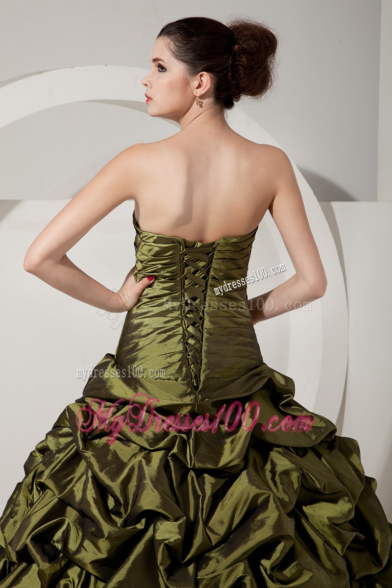 Olive Green A-line Sweetheart Quince Dress with Beading and Pick-ups