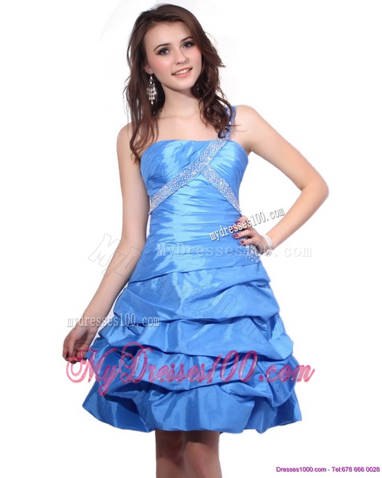 One Shoulder Baby Blue Evening Dresses with Pick Ups and Beading