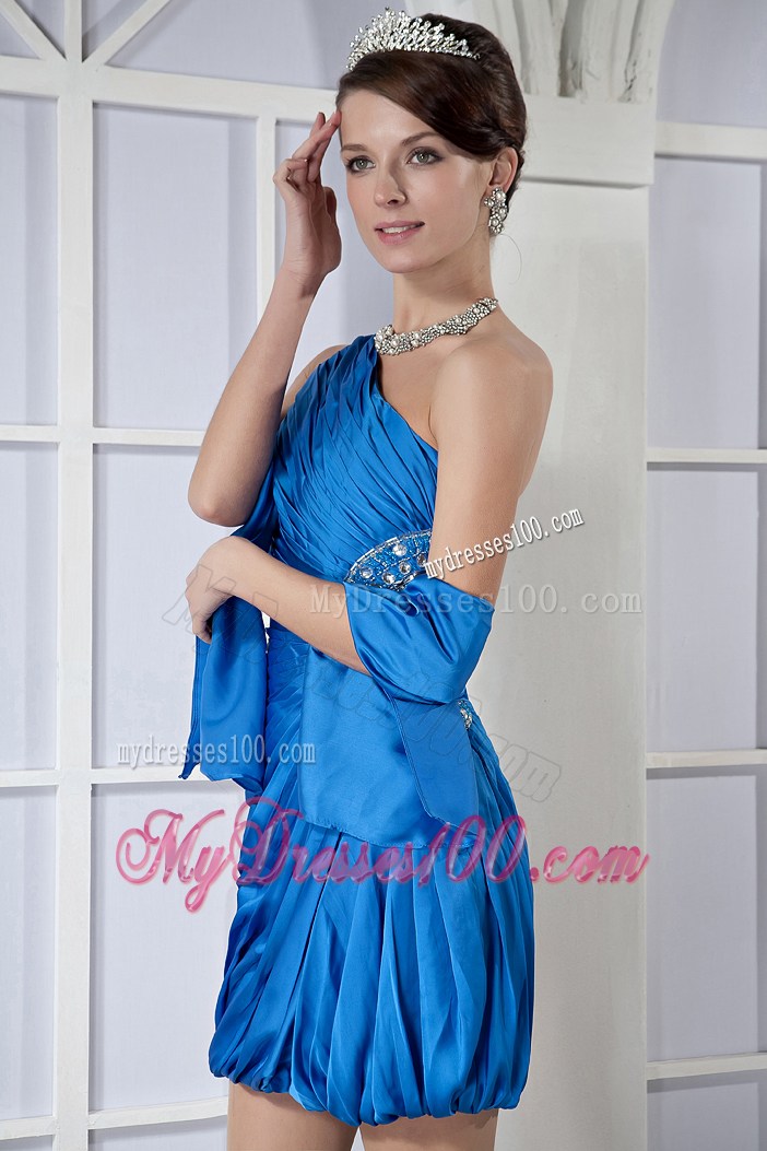 Beading and Ruches Accent Asymmetrical Blue Short Prom Gown