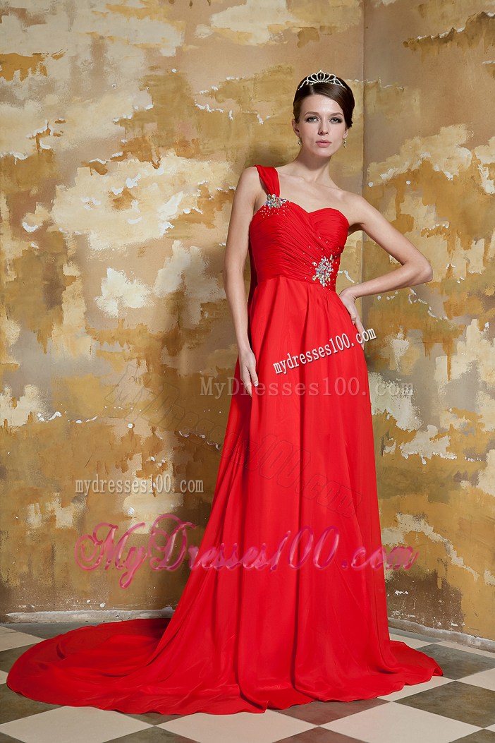Beaded and Ruched Red Dresses for Prom with Watteau Train