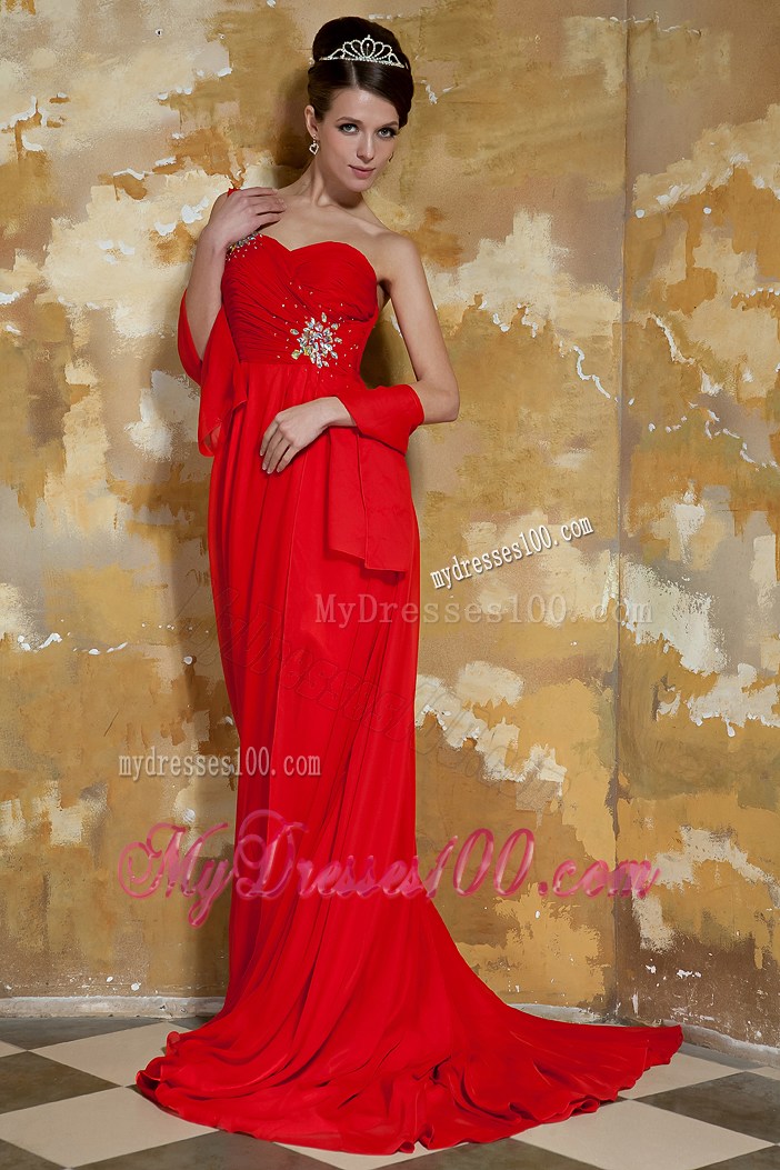 Beaded and Ruched Red Dresses for Prom with Watteau Train