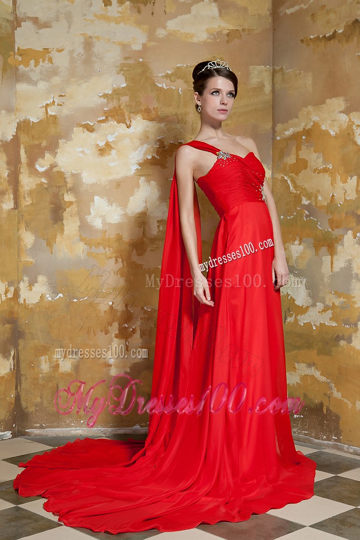 Beaded and Ruched Red Dresses for Prom with Watteau Train