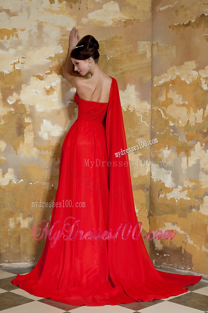 Beaded and Ruched Red Dresses for Prom with Watteau Train