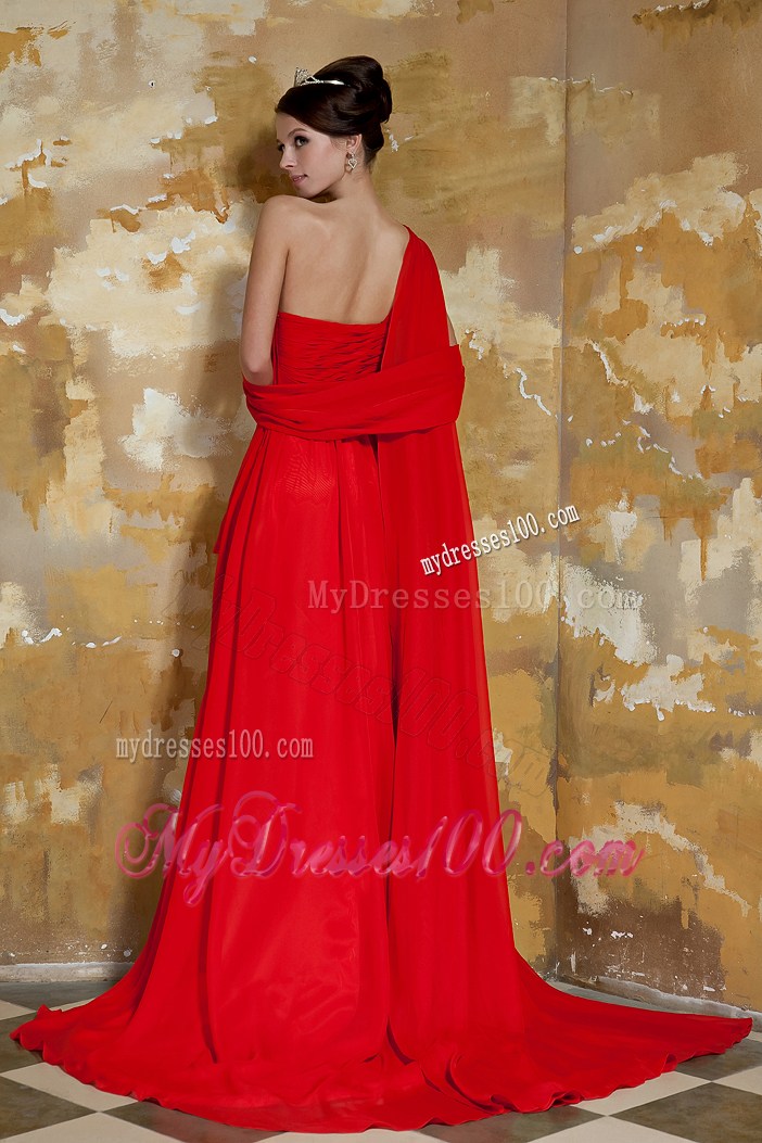 Beaded and Ruched Red Dresses for Prom with Watteau Train