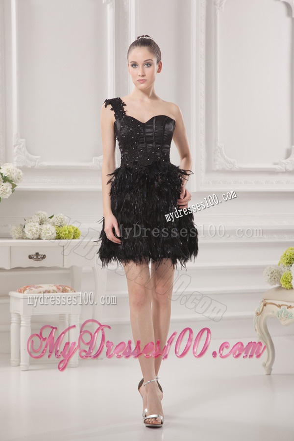 One Shoulder Beading Ruffles Special Fabric Black Evening Dress