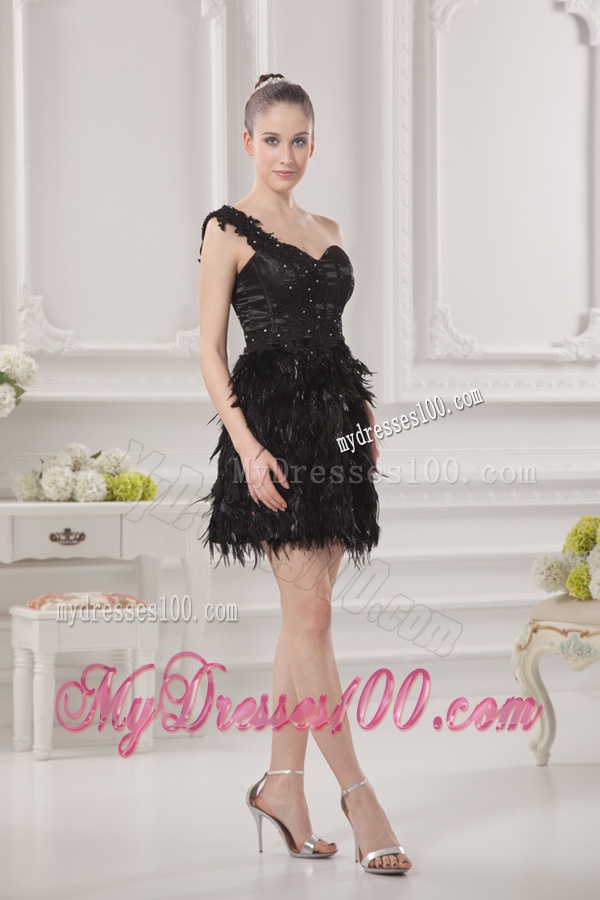 One Shoulder Beading Ruffles Special Fabric Black Evening Dress
