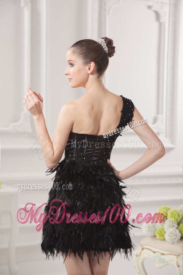 One Shoulder Beading Ruffles Special Fabric Black Evening Dress