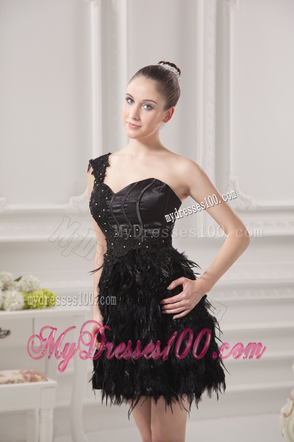 One Shoulder Beading Ruffles Special Fabric Black Evening Dress