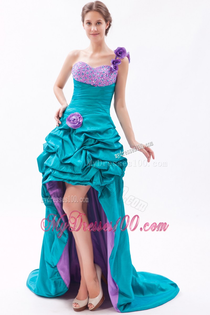 Pick-ups Flowery Asymmetrical Prom Gown in Teal and Lavender