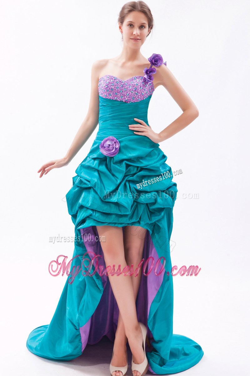 Pick-ups Flowery Asymmetrical Prom Gown in Teal and Lavender