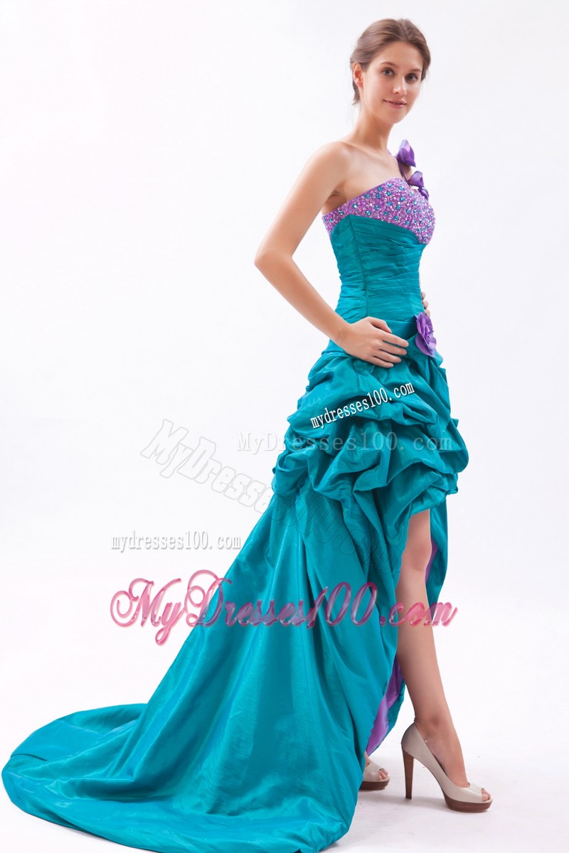 Pick-ups Flowery Asymmetrical Prom Gown in Teal and Lavender