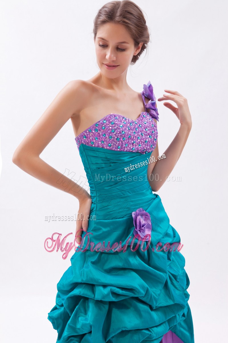 Pick-ups Flowery Asymmetrical Prom Gown in Teal and Lavender