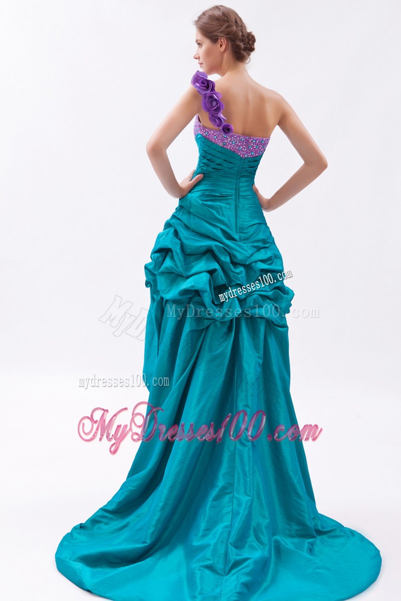 Pick-ups Flowery Asymmetrical Prom Gown in Teal and Lavender
