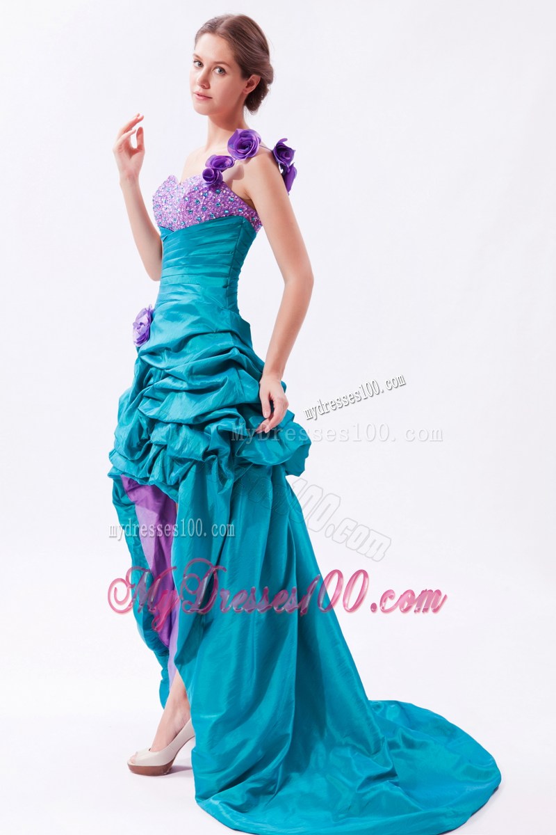 Pick-ups Flowery Asymmetrical Prom Gown in Teal and Lavender