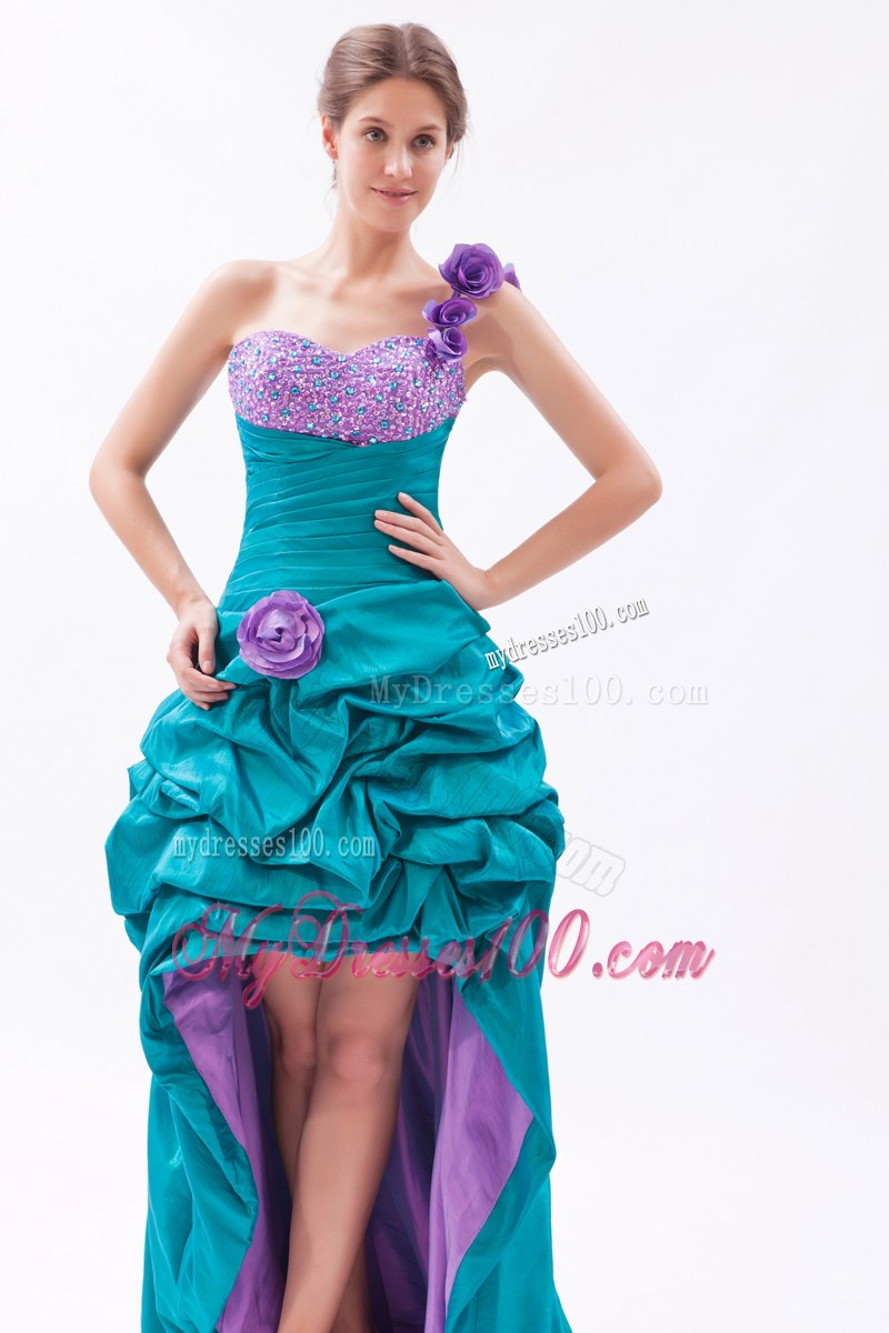 Pick-ups Flowery Asymmetrical Prom Gown in Teal and Lavender