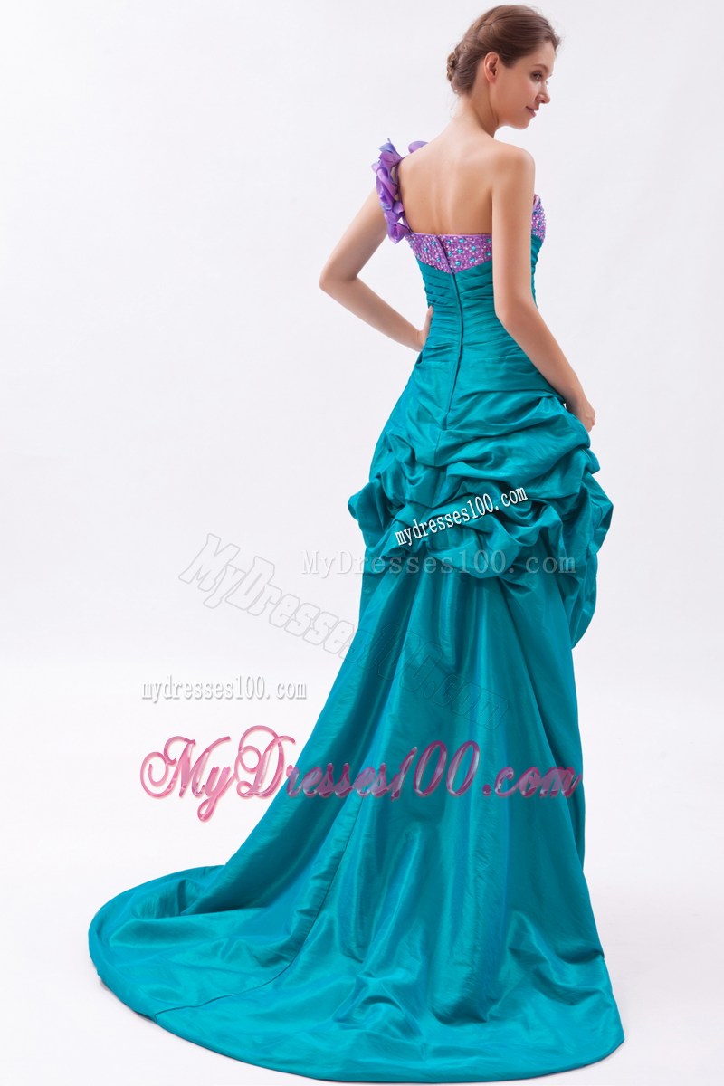 Pick-ups Flowery Asymmetrical Prom Gown in Teal and Lavender