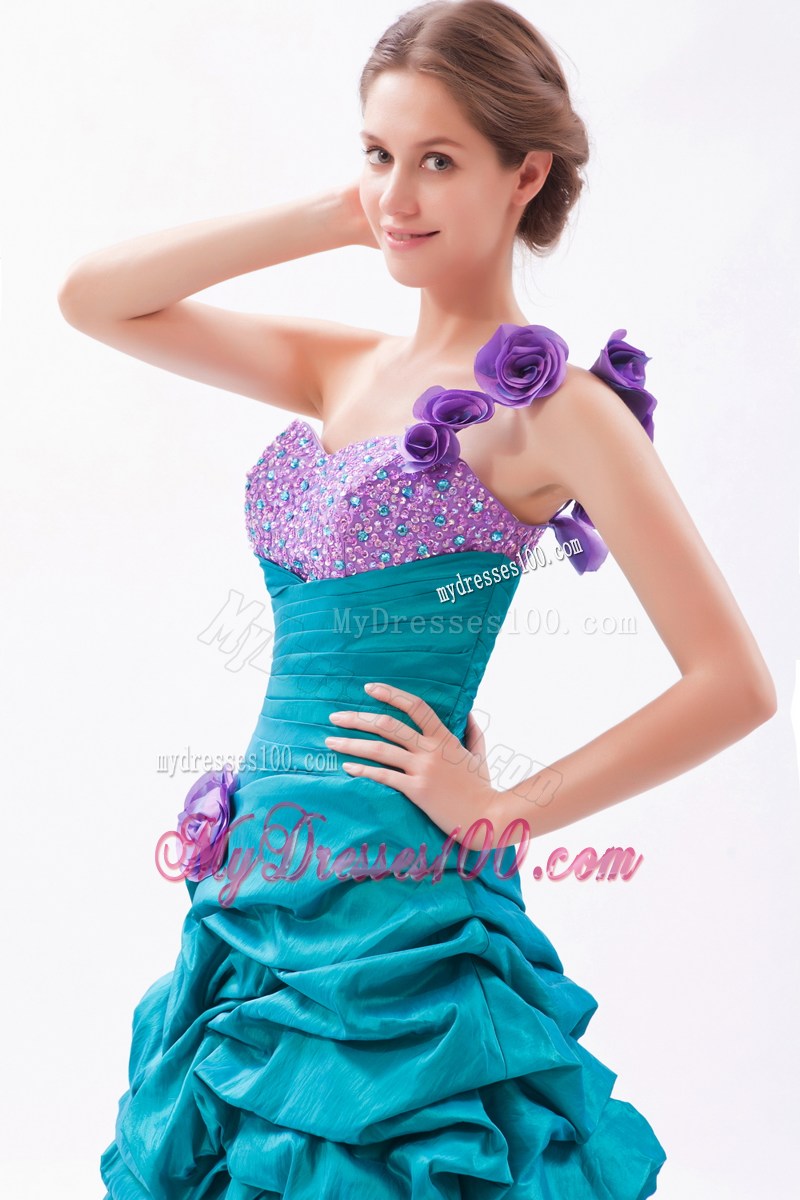 Pick-ups Flowery Asymmetrical Prom Gown in Teal and Lavender