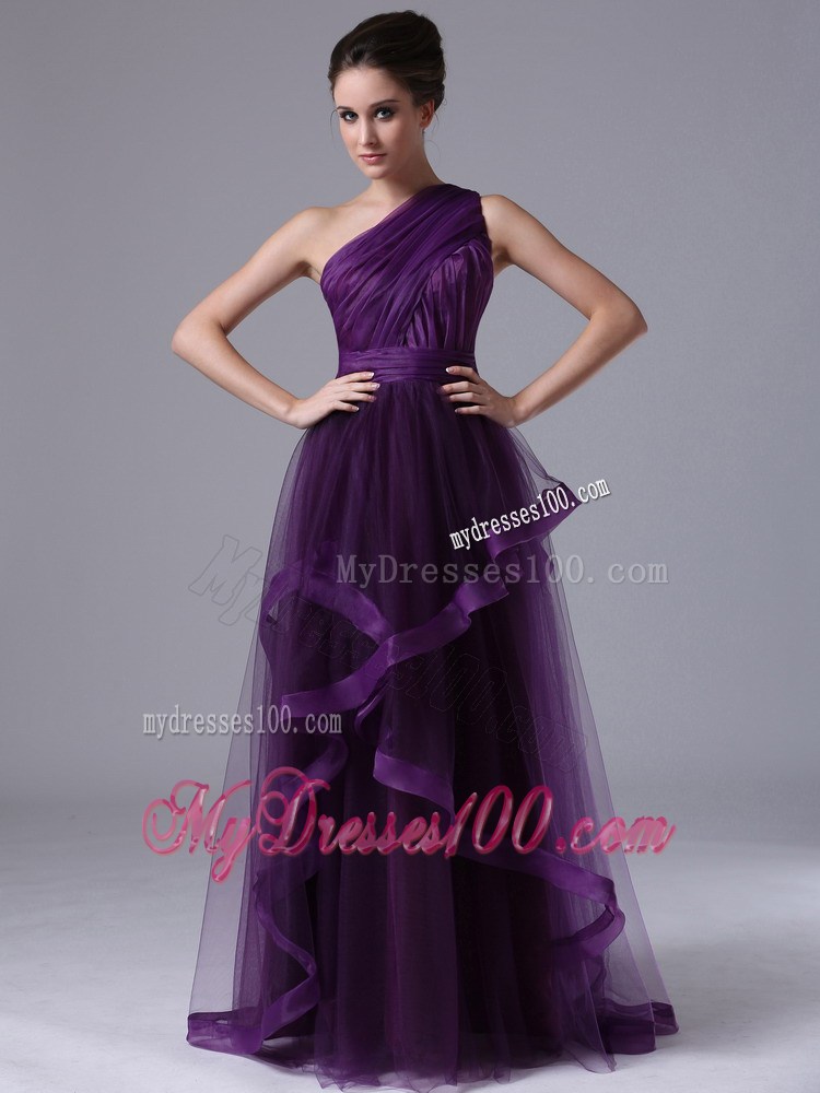 Ruched One Shoulder Tulle Dress for Prom with Vertical Ruffled Stripes