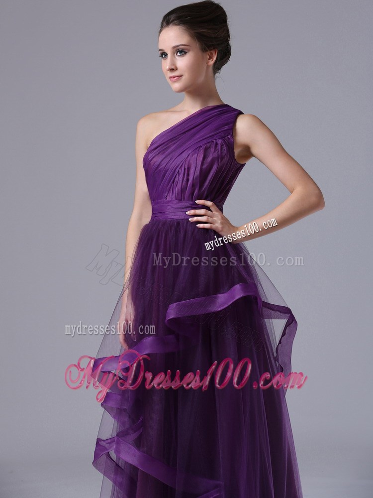 Ruched One Shoulder Tulle Dress for Prom with Vertical Ruffled Stripes