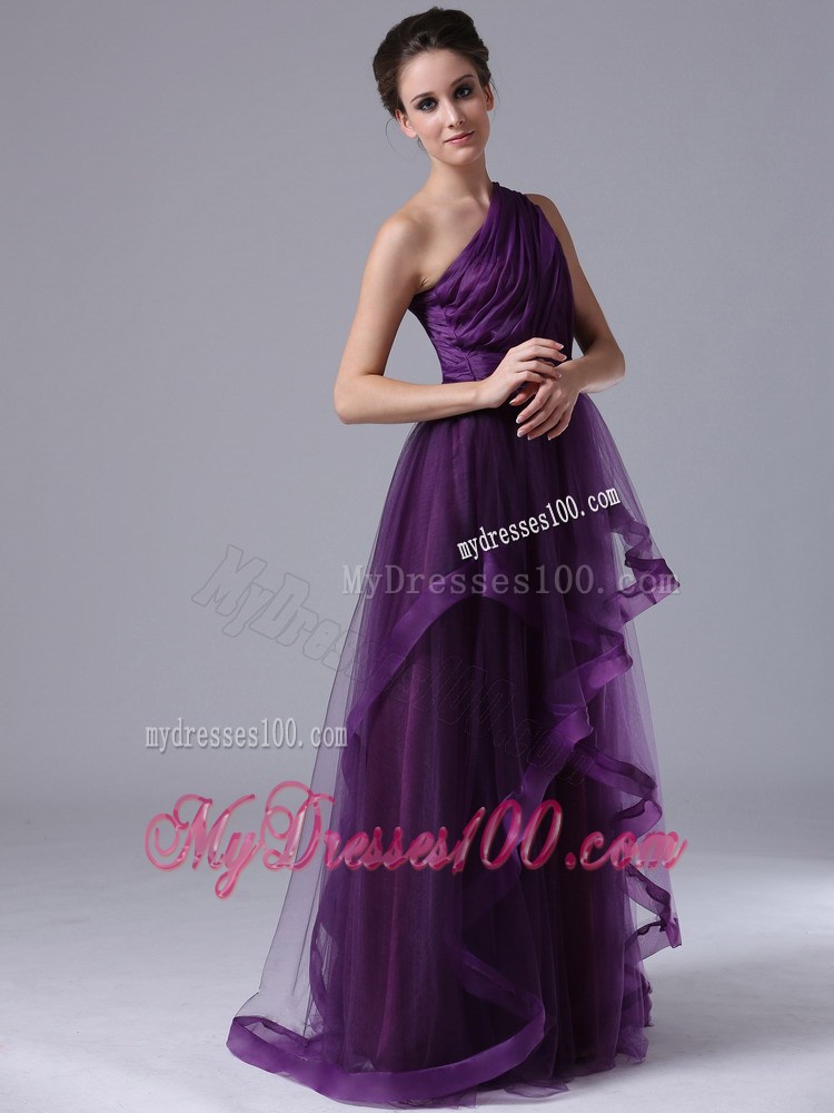 Ruched One Shoulder Tulle Dress for Prom with Vertical Ruffled Stripes