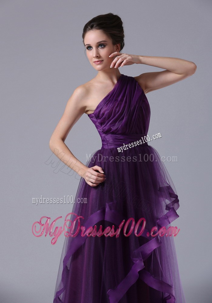 Ruched One Shoulder Tulle Dress for Prom with Vertical Ruffled Stripes
