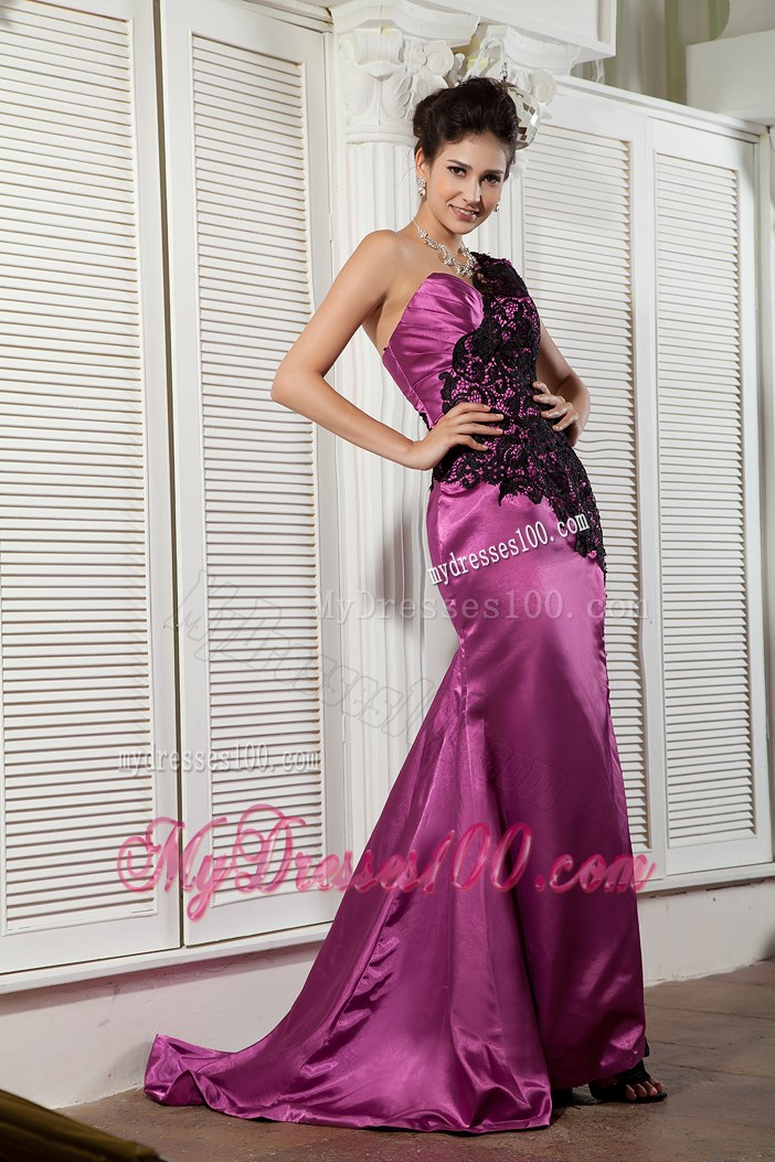 Asymmetrical Fuchsia and Black Teffeta and Lace Prom Gown