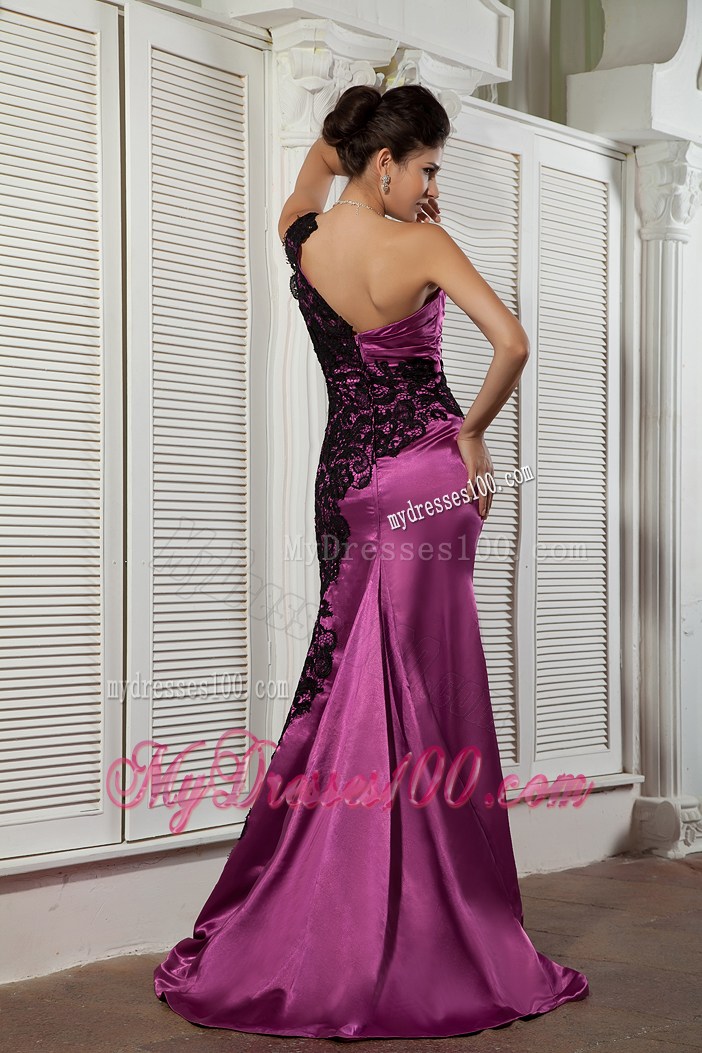 Asymmetrical Fuchsia and Black Teffeta and Lace Prom Gown