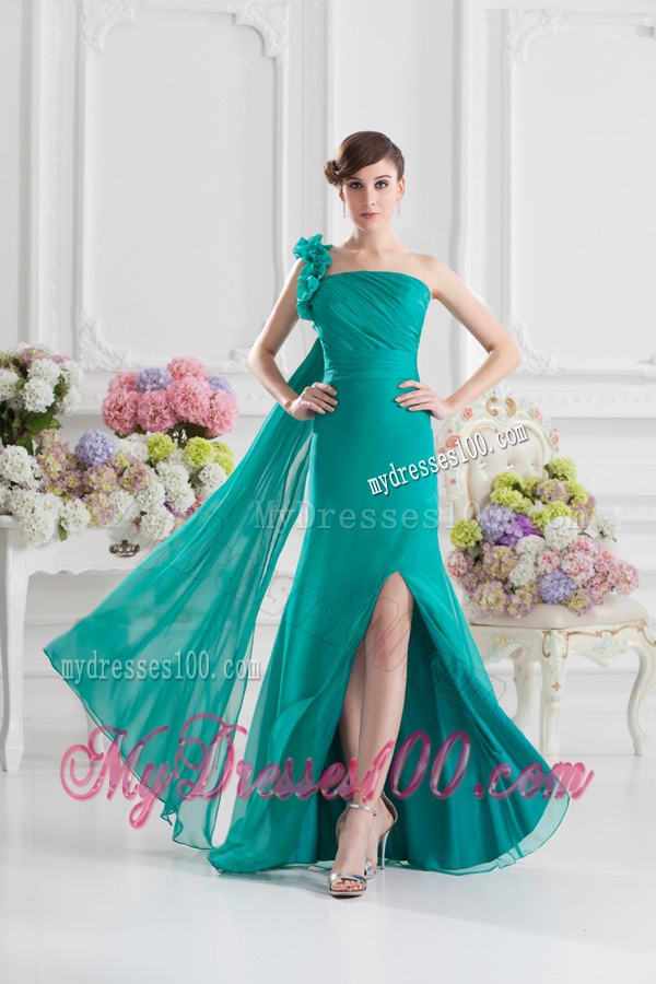 One Shoulder Turquoise Column Handle Made Flowers Evening Dress