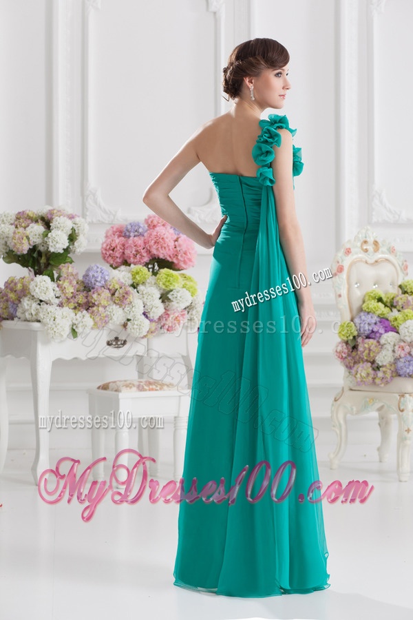 One Shoulder Turquoise Column Handle Made Flowers Evening Dress