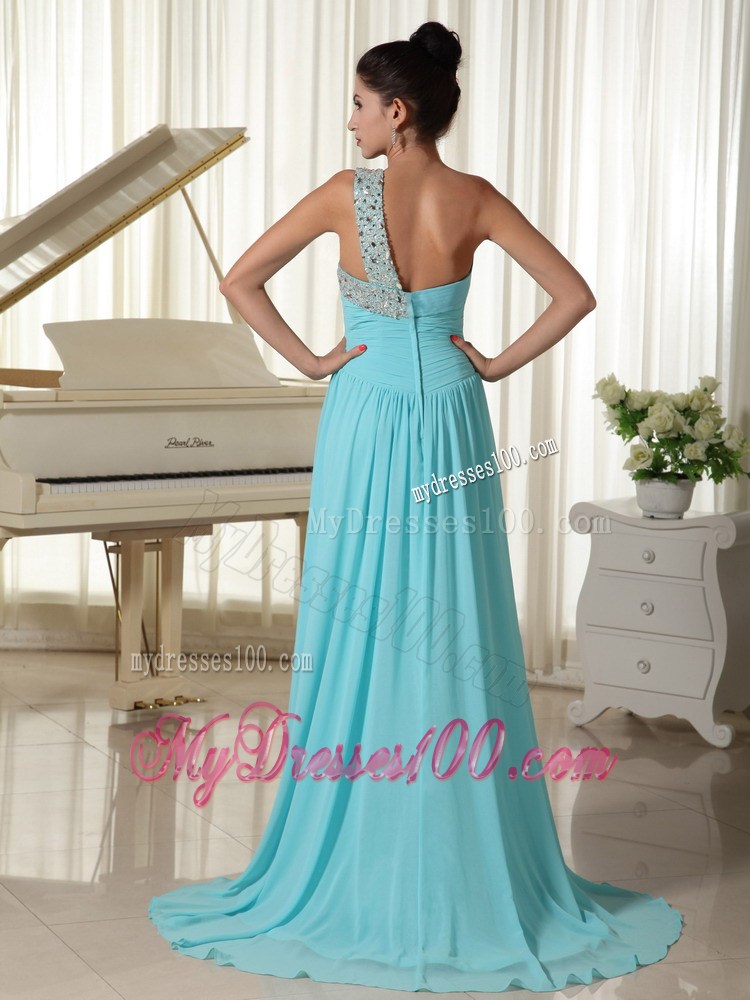 Beading Decorate One Shoulder Ruched Inexpensive Prom Dress