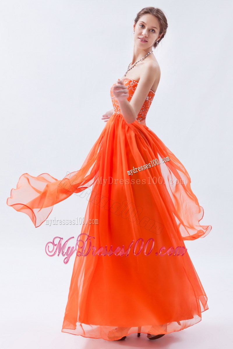 Strapless Beaded Long Prom Dress in Fluorescent Orange