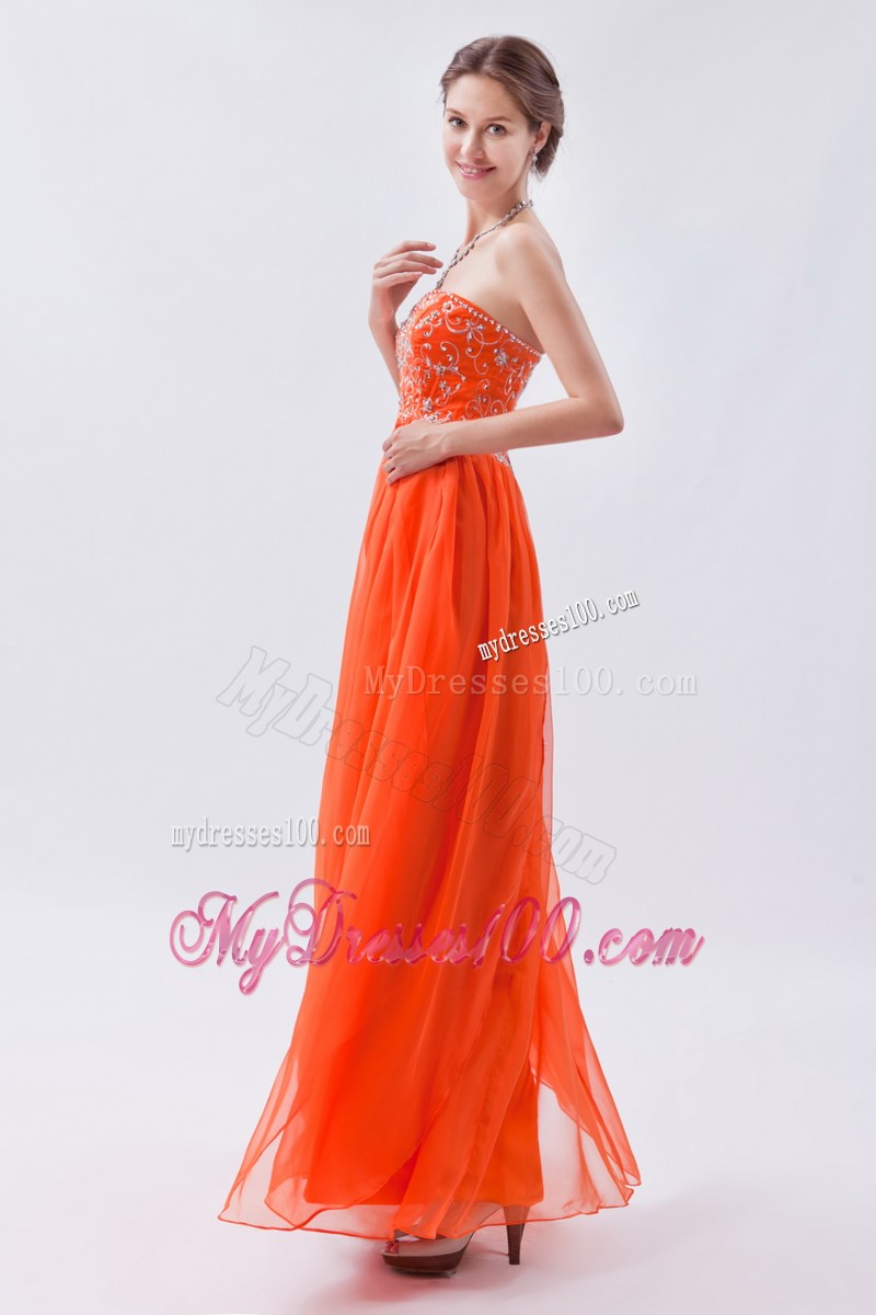 Strapless Beaded Long Prom Dress in Fluorescent Orange