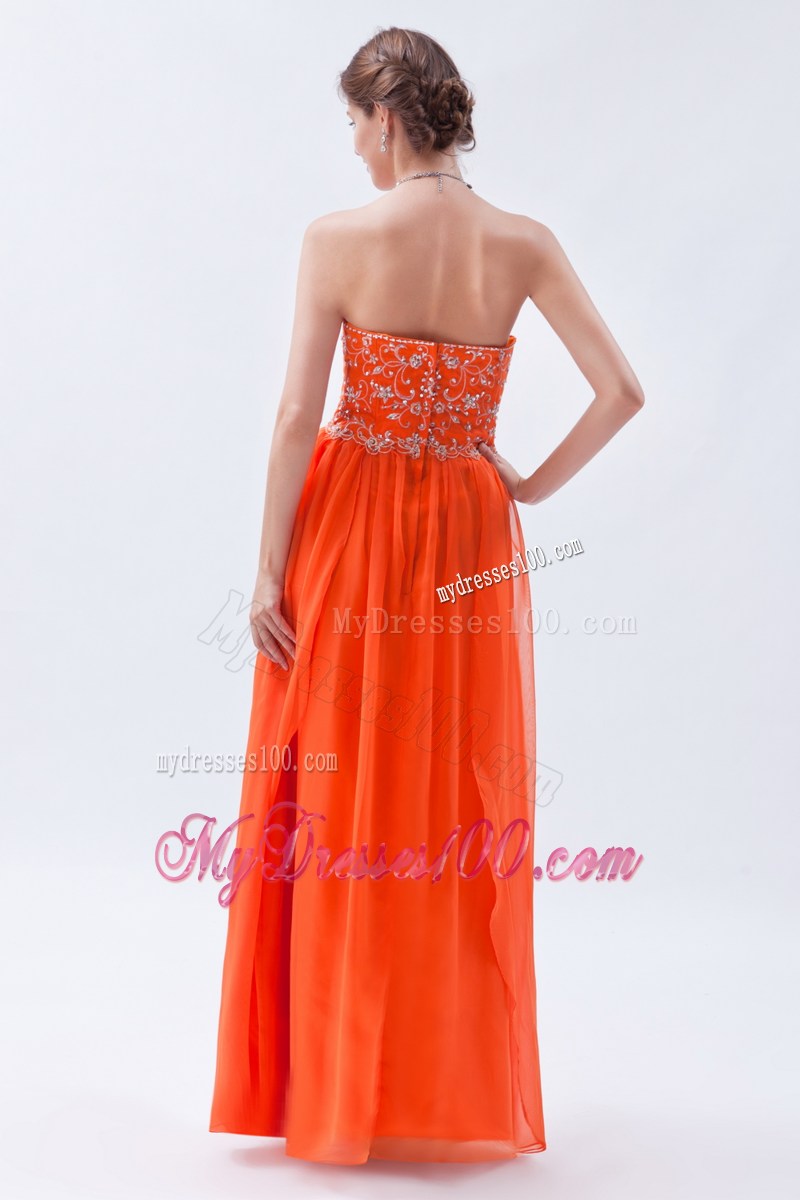 Strapless Beaded Long Prom Dress in Fluorescent Orange