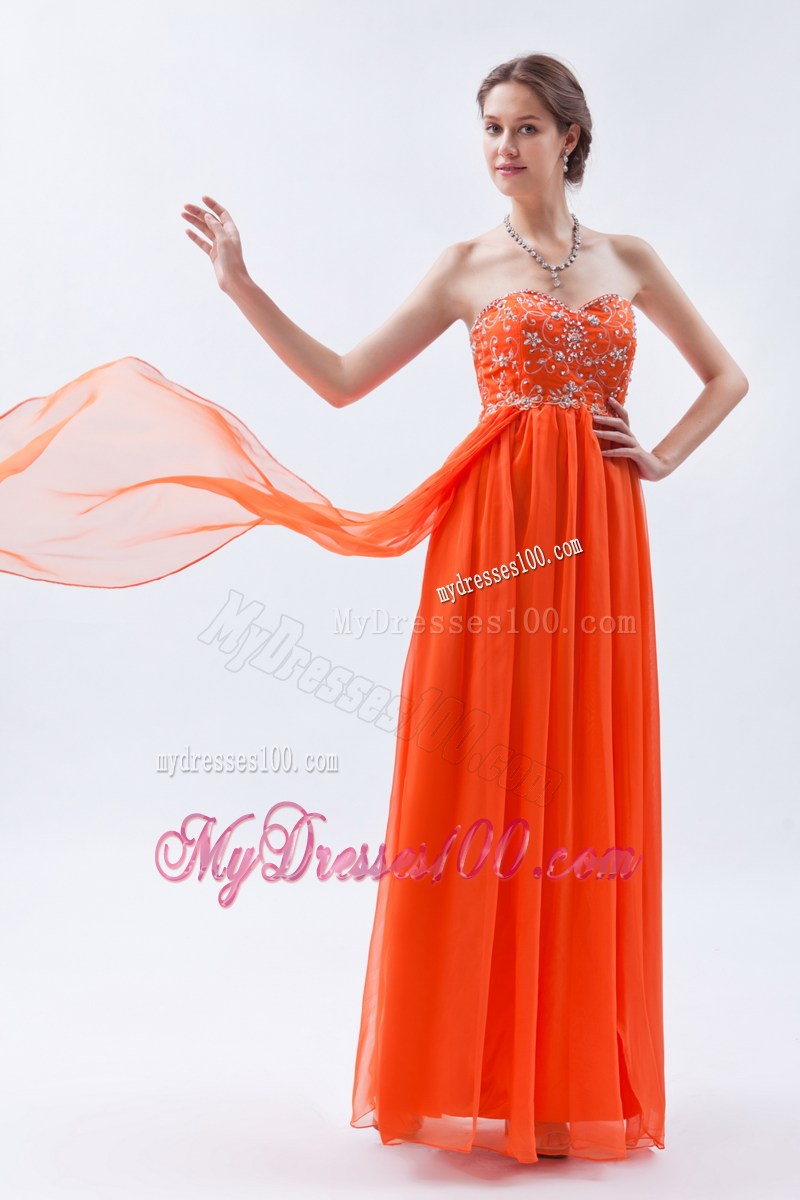Strapless Beaded Long Prom Dress in Fluorescent Orange
