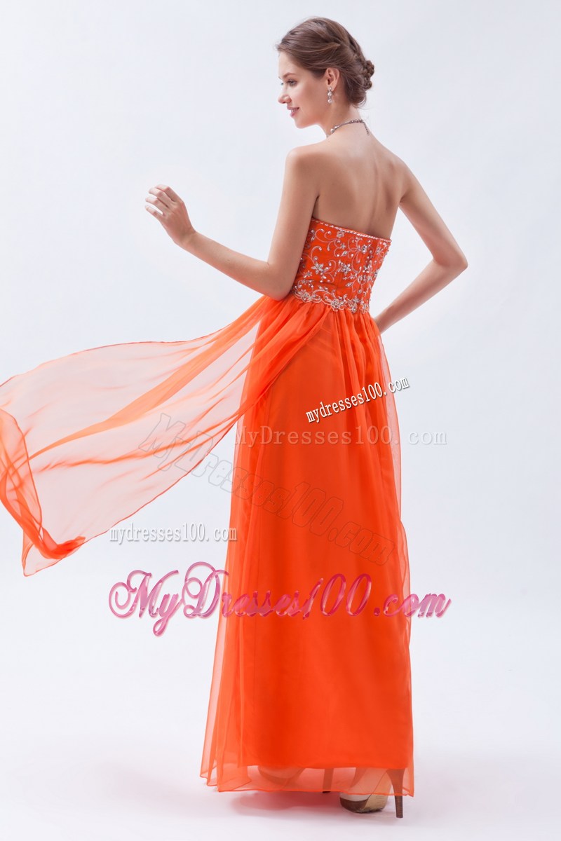 Strapless Beaded Long Prom Dress in Fluorescent Orange