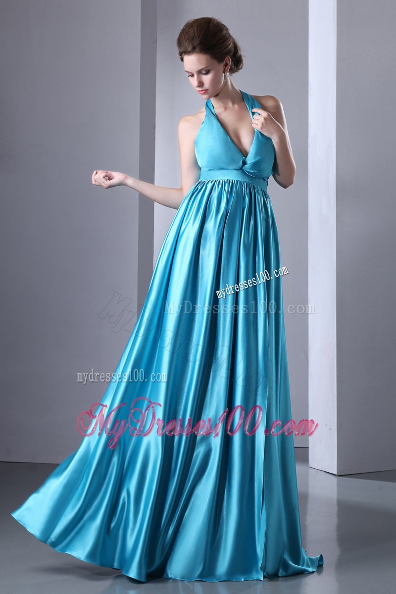 Halter V-neck Turquoise Dresses for Prom with High Slit