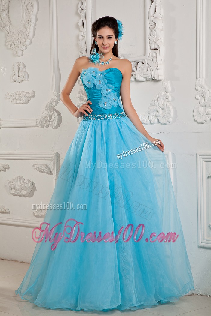 Flowers and Beading Decorate A-line Prom Dress in Aqua Blue