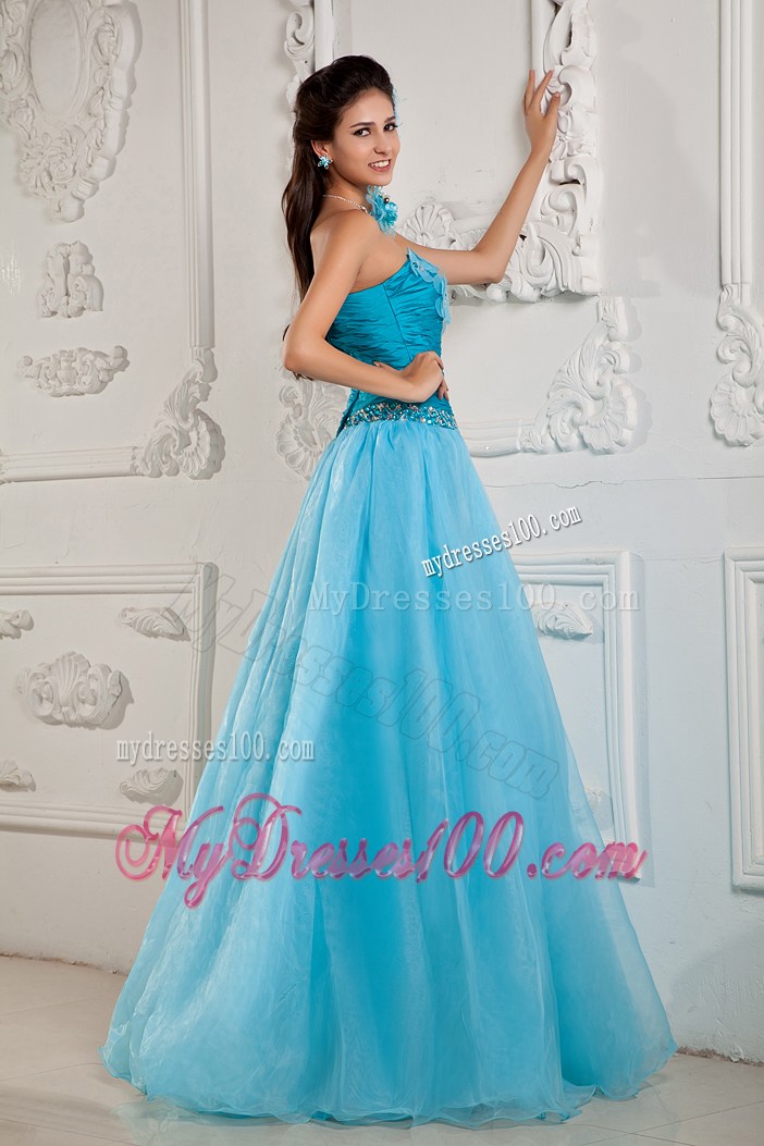 Flowers and Beading Decorate A-line Prom Dress in Aqua Blue