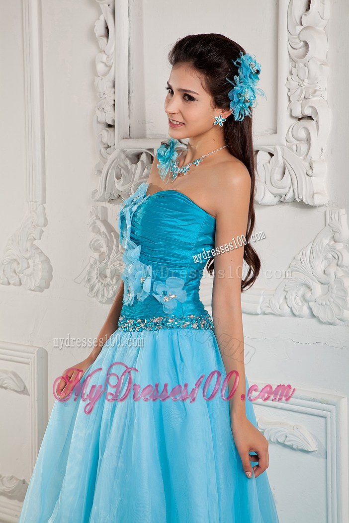 Flowers and Beading Decorate A-line Prom Dress in Aqua Blue