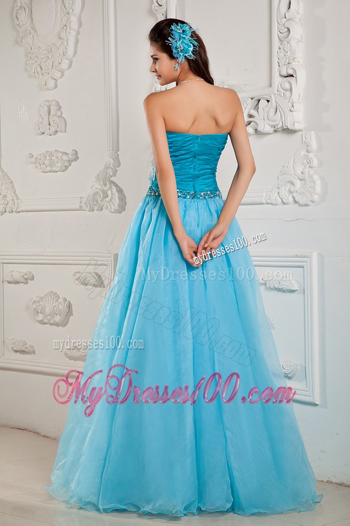 Flowers and Beading Decorate A-line Prom Dress in Aqua Blue