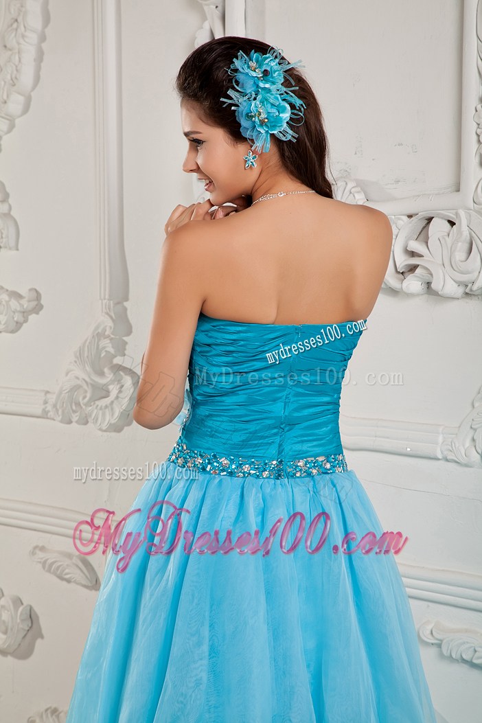 Flowers and Beading Decorate A-line Prom Dress in Aqua Blue