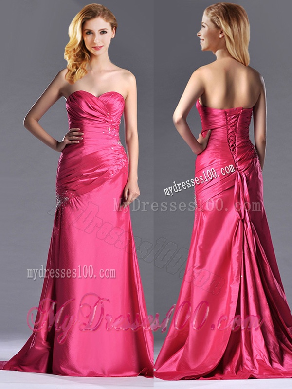 Pretty Beaded and Ruched Coral Red Column Evening Dress with Brush Train