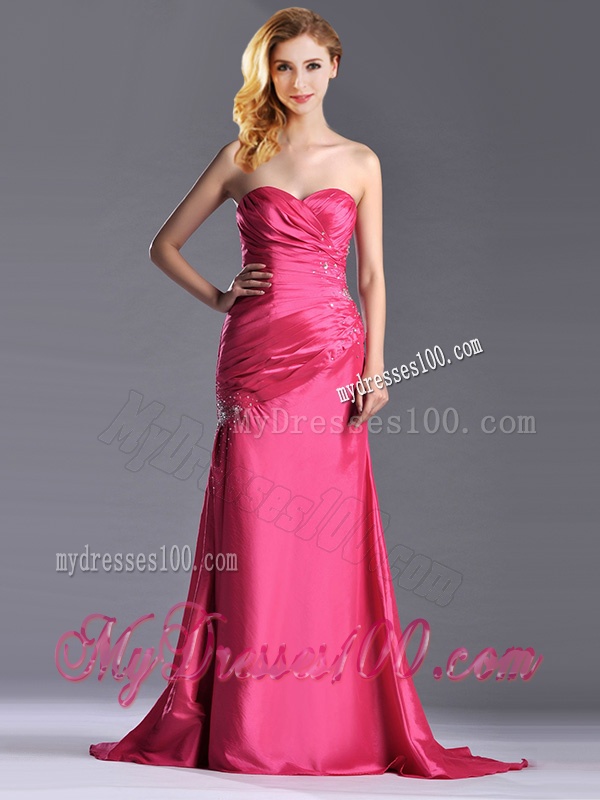 Pretty Beaded and Ruched Coral Red Column Evening Dress with Brush Train