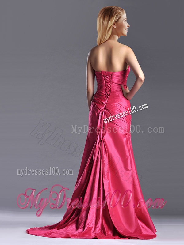 Pretty Beaded and Ruched Coral Red Column Evening Dress with Brush Train