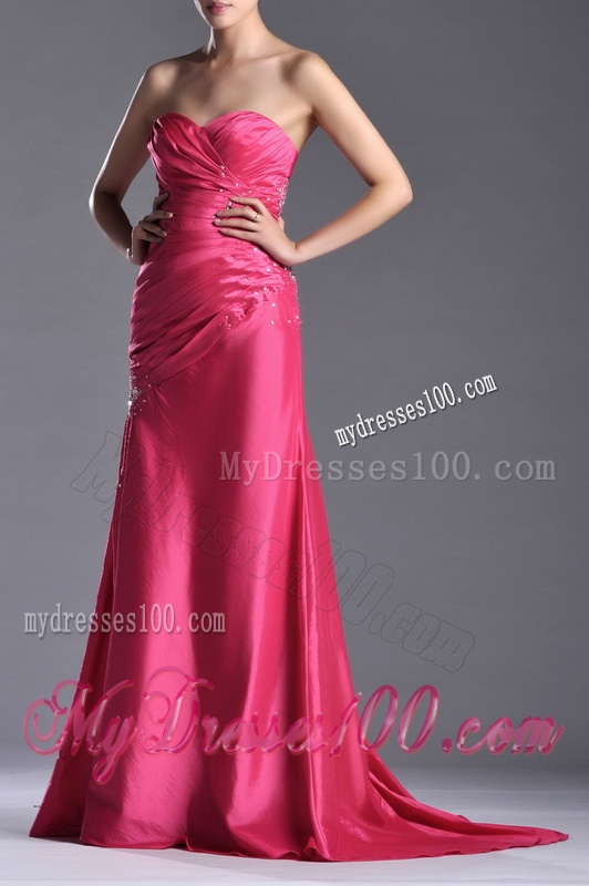 Pretty Beaded and Ruched Coral Red Column Evening Dress with Brush Train