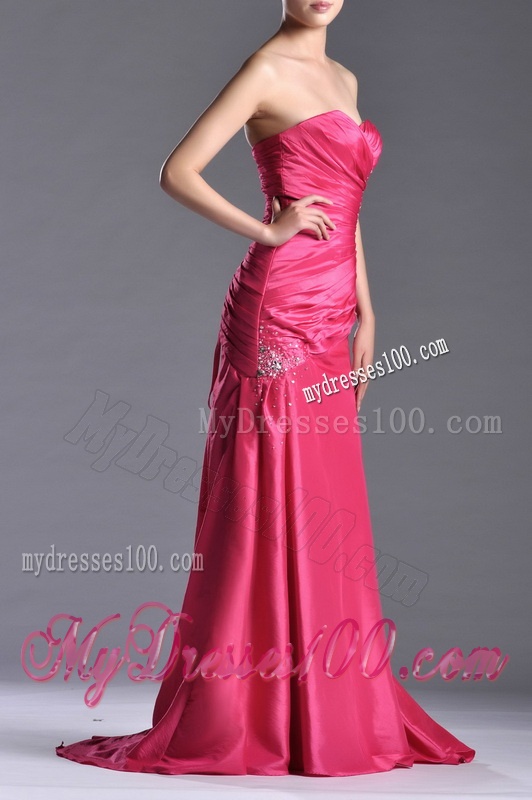 Pretty Beaded and Ruched Coral Red Column Evening Dress with Brush Train