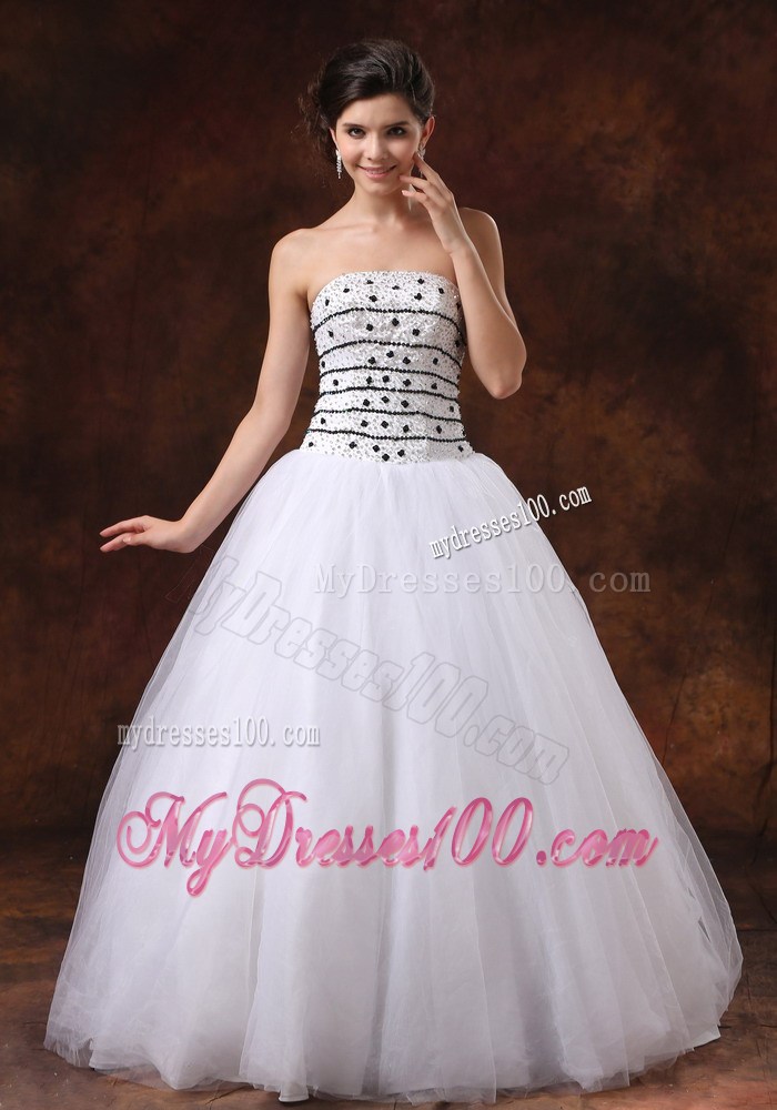 Lace-up White Organza Prom Gown with Black Beaded Bodice