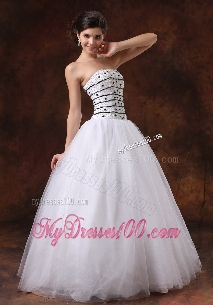 Lace-up White Organza Prom Gown with Black Beaded Bodice